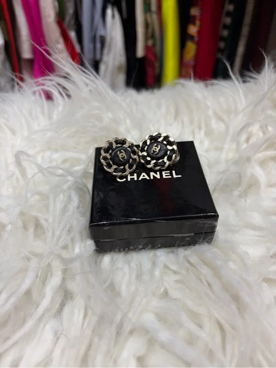 CHANEL Black and Gold CC Rope-Trim Button Earrings