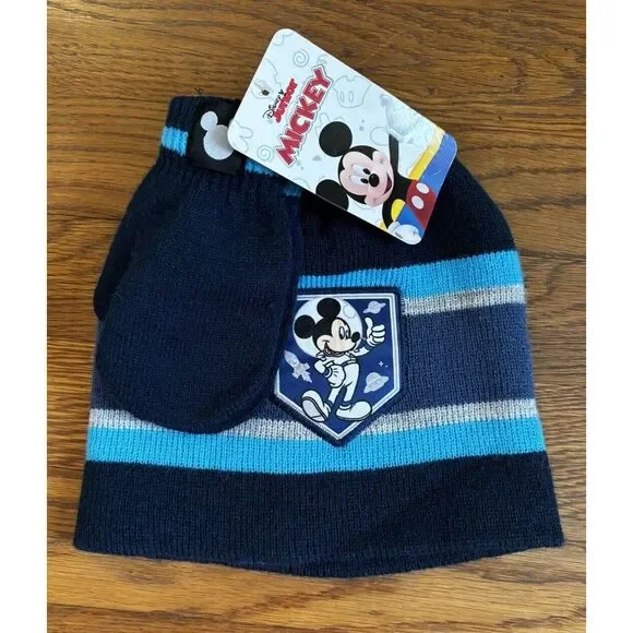 NWT Mickey Mouse Disney Junior Astronaut Space Kids Winter Beanie Cap Mitten Set