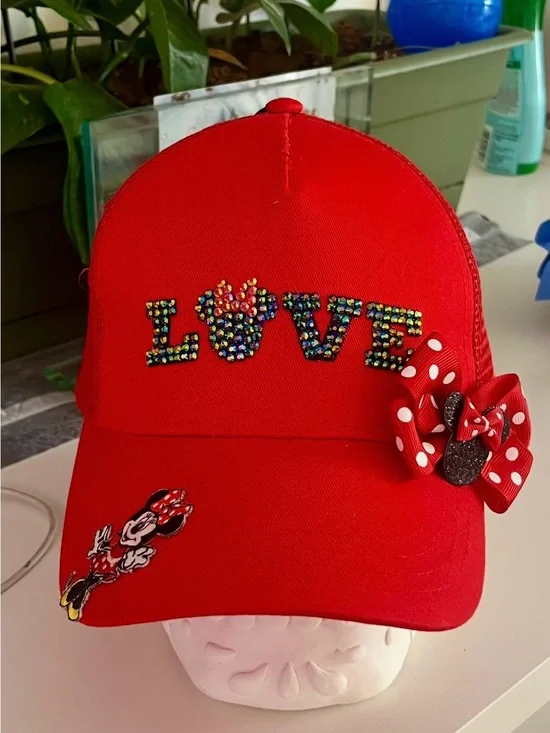 Disney Red Kids Minnie Mouse LOVE Embellished Baseball Cap