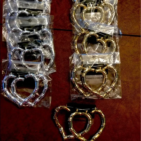 HEART BAMBOO HEART HOOP EARRINGS SOLID SHINY GOLD OR SILVER TONE 2 INCH