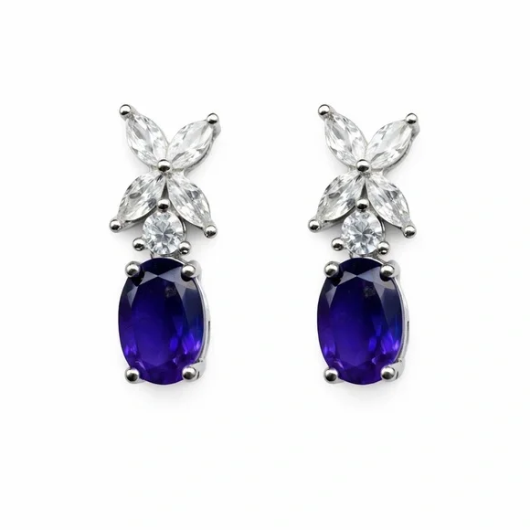 Oval Amethyst with crystal flower S925 Sterling Silver Studs