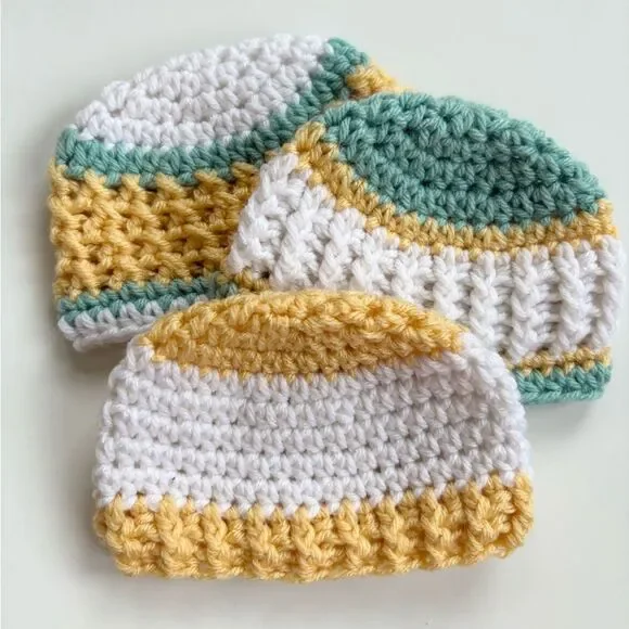 Newborn Baby Crochet Hat Set of 3 Yellow Grey Mint Green 0-3