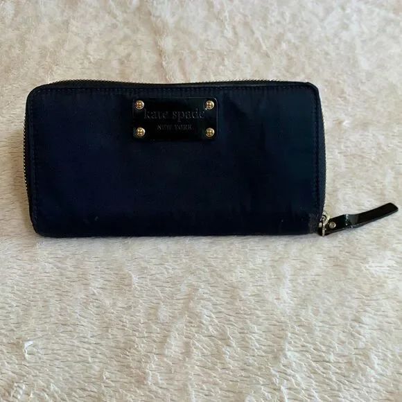 Kate Spade Zip Around Wallet Black Nylon Logo Plate