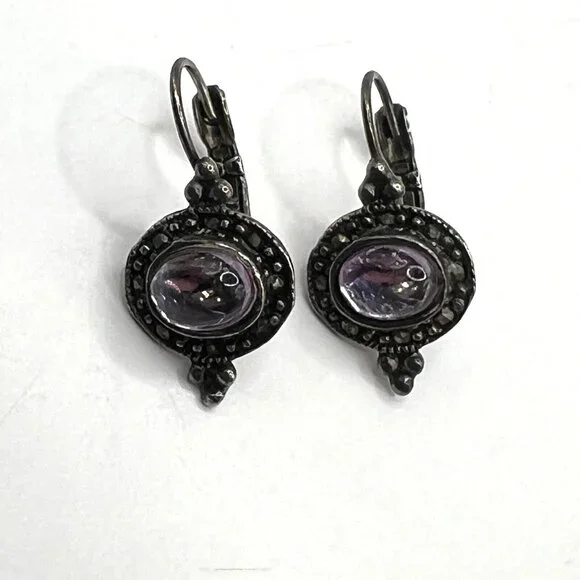 Vintage‎ Pierced Earrings Silver Tone Marcasite Purple Glass Stone
