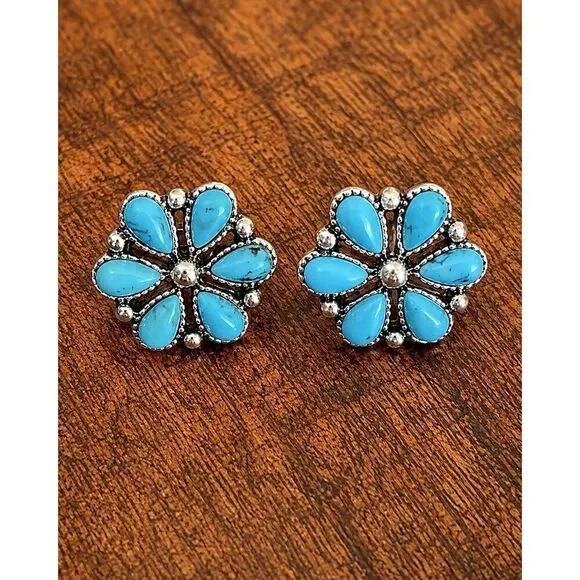 Turquoise Blue Flower Cluster Work Stud Earrings
