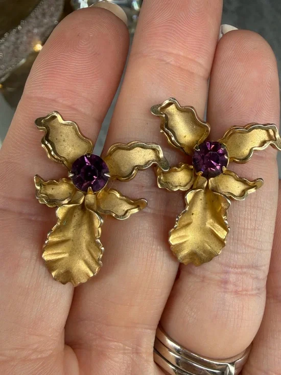 Orchid Brooch & Screw Back Earrings Set Bugbee & Niles Co Jewelry Rhinestone Lot
