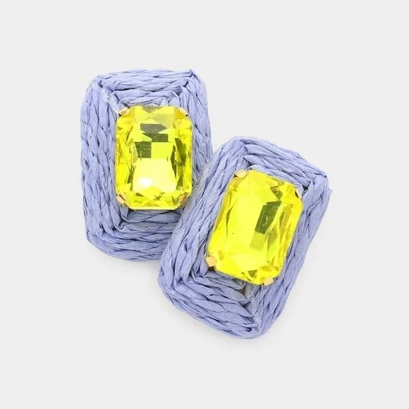 NWT Blue Yellow Raffia Emerald Cut Stone Colorful Rectangle Earrings