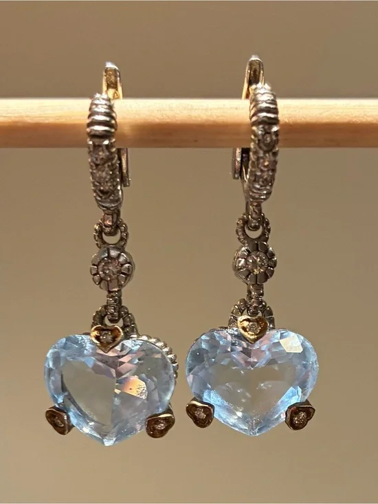 Judith Ripka Blue Topaz Heart Drop Earrings - Silver & Gold Tone