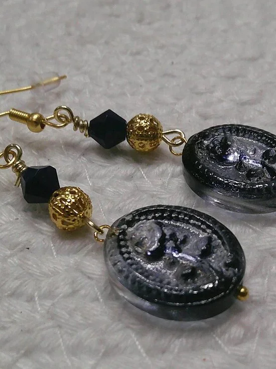 Beautiful NAVY GLASS OVAL with GOLD FILIGREE & CRYSTAL Handmade Earrings #948E