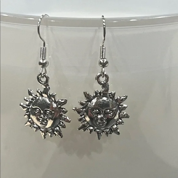 Silver Sun Face Dangle Earrings