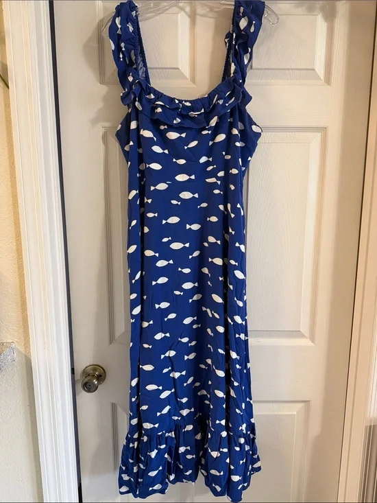 kate spade Blue and White Fish Print Midi Dress