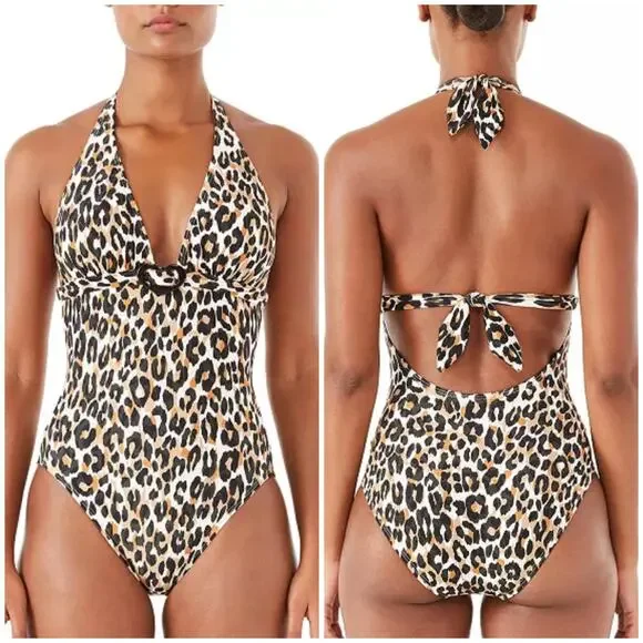 Kate Spade NWT Leopard Animal-Print Halter One-Piece Swimsuit Belt Heart Size M