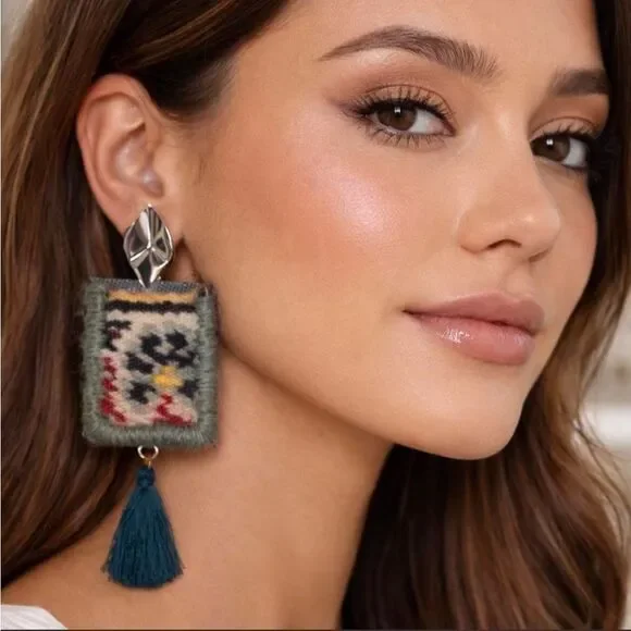 Bohemian Tapestry Earrings with Teal Tassel R9