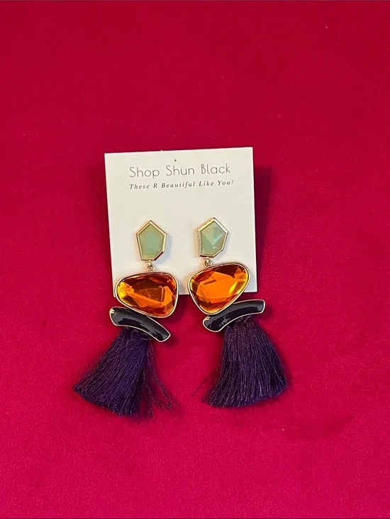 Shop Shun Black Gem & Tassel Statement Earrings - Green, Orange, & Purple