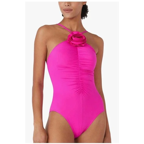 Kate Spade one Piece Swimsuit Medium snap dragon New Ruched Rosette High Neck