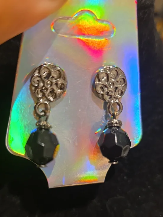Vintage Black Faceted Bead Drop Earrings with Silver Filigree
