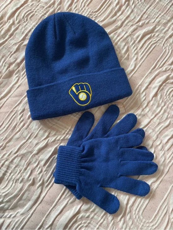 Kids Blue Knit Beanie and Gloves Set with Yellow Glove Logo