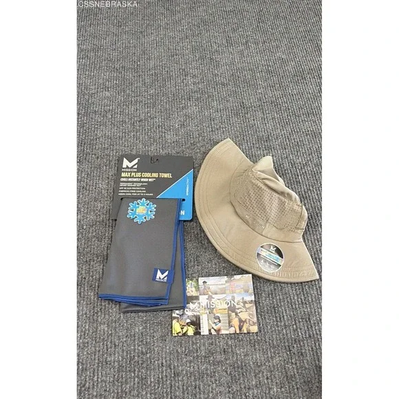 Mission HydroActive Cooling Sun Hat Khaki & Max‎ Plus Cooling Towel Gray Set NWT