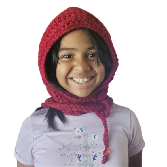 Handmade Red Crochet Balaclava Kids Hood Wool Blend Little Red Riding Hood 15x10