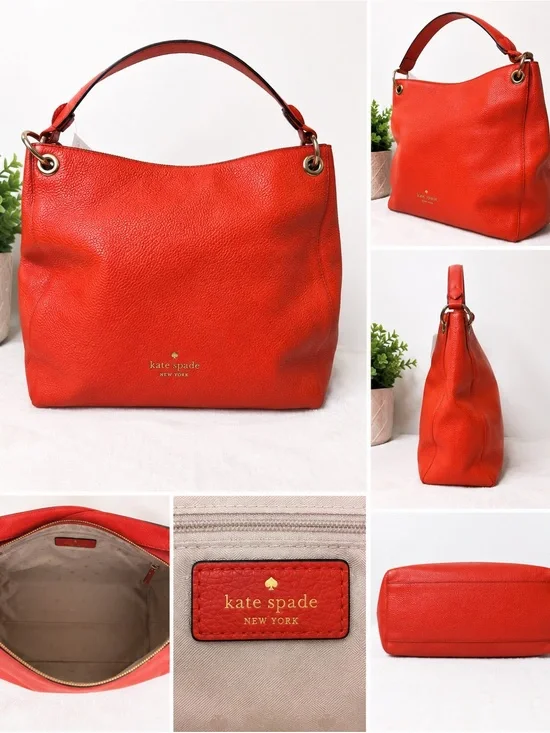 kate spade Red Orange Pebbled Leather Shoulder Hobo with Gold Hardware