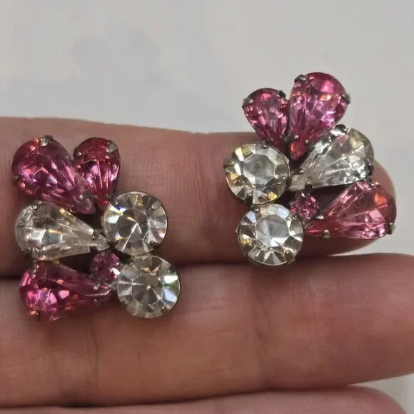 Vintage Pink Clear Rhinestone Pierced Prong Set Bling Mid Century Earrings