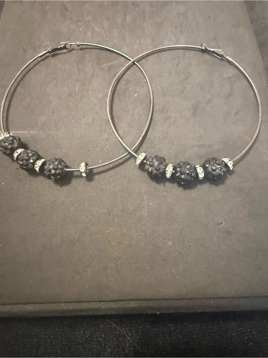Gunmetal  Hoop Earrings with Black Crystal Beads