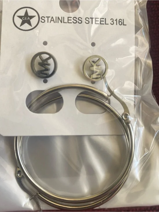 Stainless Steel Hoop Earrings with Logo Studs - Silver