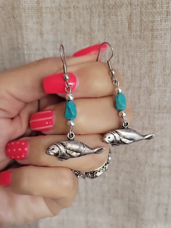 Vintage Manatee Dangle Earrings with Turquoise Howlite Beads