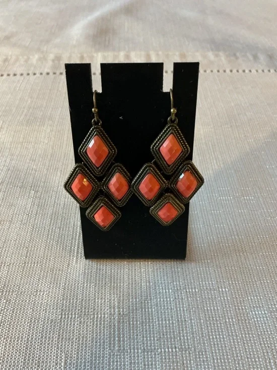 Coral Resin Diamond Shaped Burnished Bronze Tone Drop Earrings