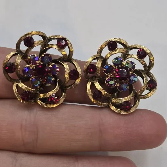 Vintage Selro And Selini Signed Red AB Rhinestone Flower Spiral Clip Earrings