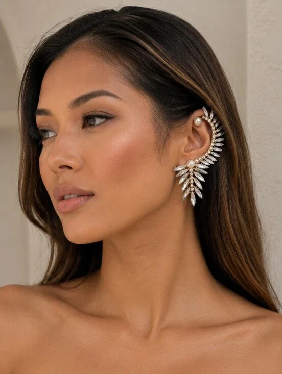 Stainless steel crystal and pearl crawler earring new