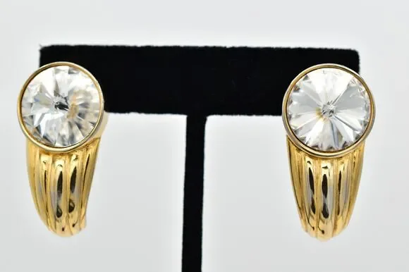 Erwin Pearl Vintage Crystal Clip On Earrings Chunky Rhinestone PEP Signed 80s 9L