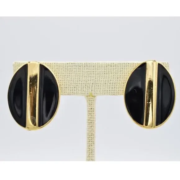 Swarovski Vintage Clip On Earrings Gold Black Enamel Chunky D.S. Co Signed BinAB
