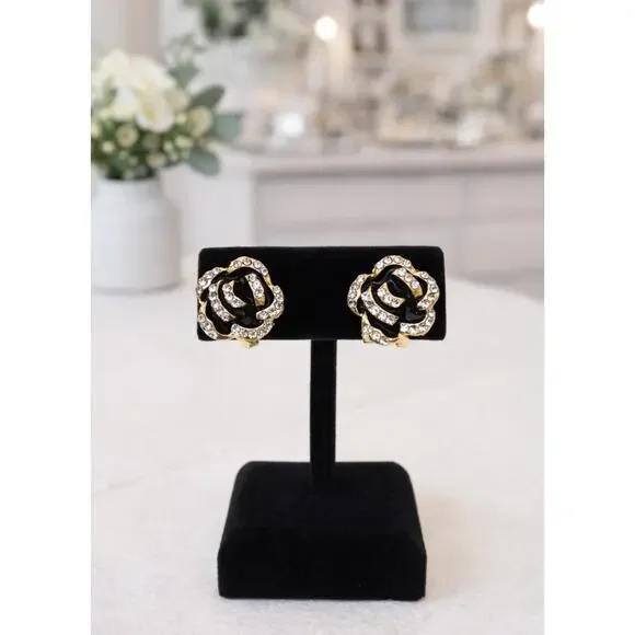 Black Gold Rhinestone Flower Earrings New