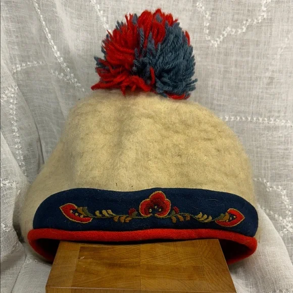 Vintage handmade wool hat with embroidery scandinavian