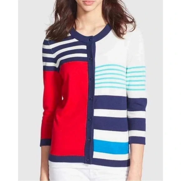 Kate Spade Ollie Stripe Cotton‎ Cashmere Cardigan in Multi Monaco Stripe M