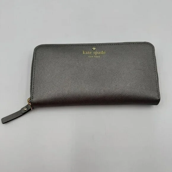 Kate Spade New York Gray Leather Zip-Around Wallet With 12 Card Slots & Interior