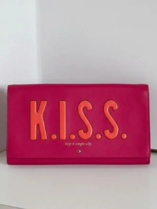Kate Spade Kiss Tally Clutch Pink Leather Foldover Love Birds Bag