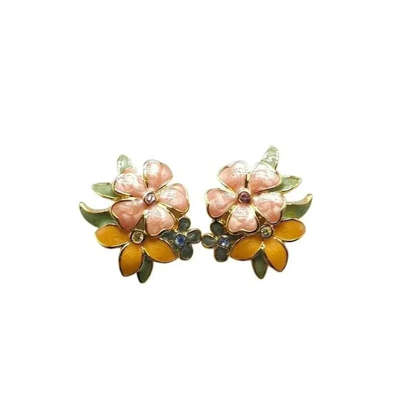 Joan Enamel Flower Post Earrings Multicolor Petals Rhinestones SPRING FLING