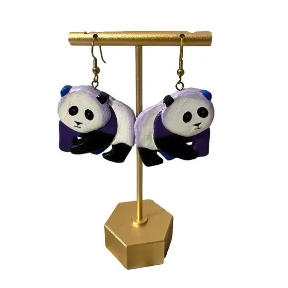 Vintage World Wildlife Fund Panda Bear Earrings Hand Painted Wooden Earrings