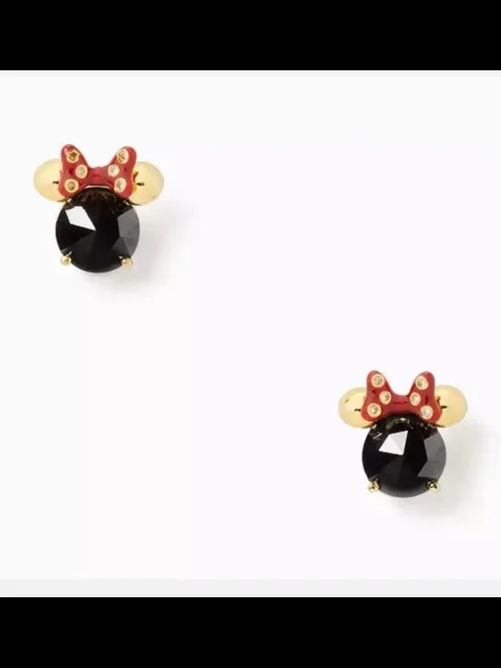 Disney Kate Spade Red Bow Gold Minnie Mouse Black Crystal Stud Earrings New