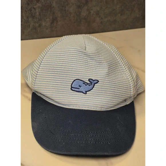 Addie & Tate Toddler Seersucker Whale Baseball Cap Blue White Striped Navy Brim