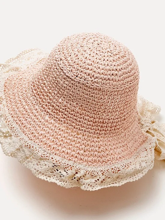 Baby Crochet Sun Hat with Lace Trim - Pink
