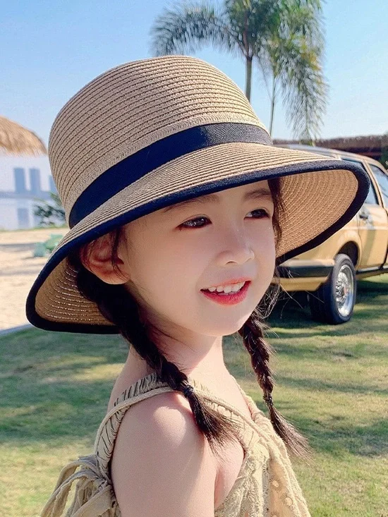 Kids Straw Sun Hat with Navy Trim - Child Beach Hat