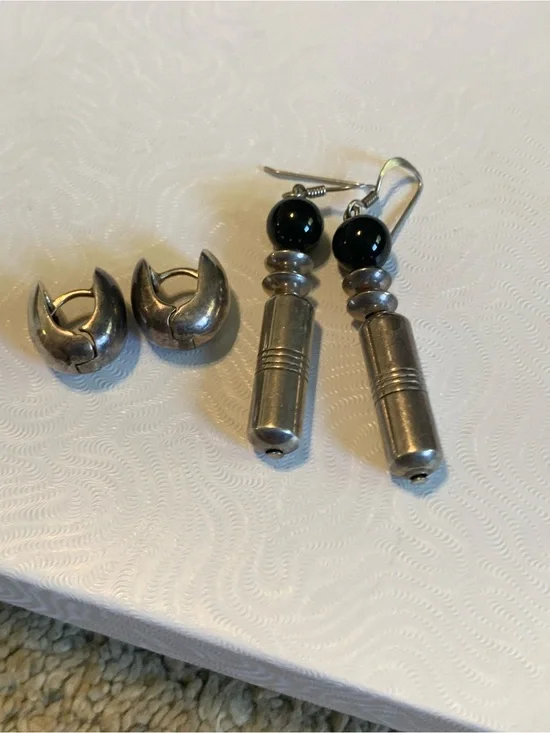 Sterling Silver Drop Earrings with Black Bead Accent & Huggie Set!