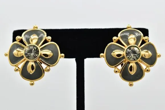 Joan Rivers Vintage Flower Clip On Earrings Gray Enamel Crystal Signed 90s BinBK