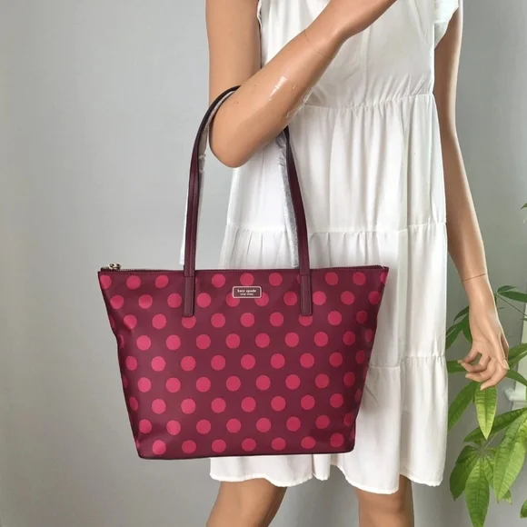 Kate Spade Hayden Blackberry Nylon Leather Polka Dot Top Zip Tote Purse K4871