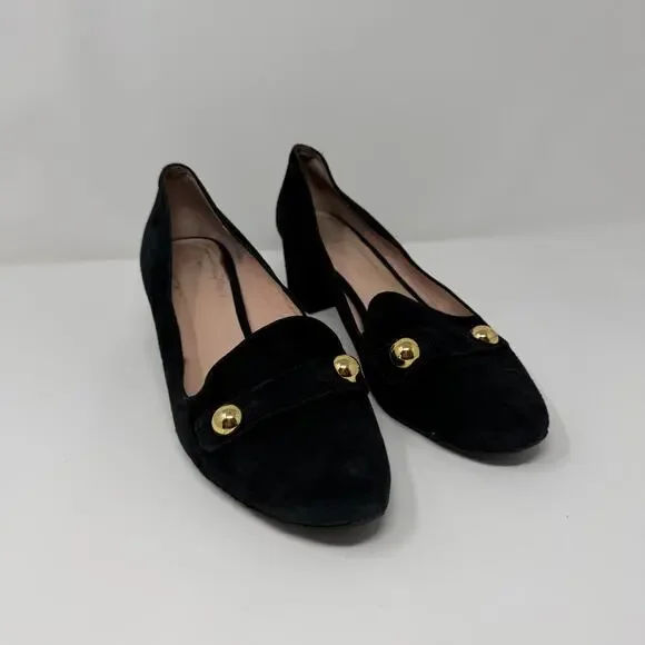 Kate Spade Black Suede Block Heel Pumps 9.5 Gold Stud