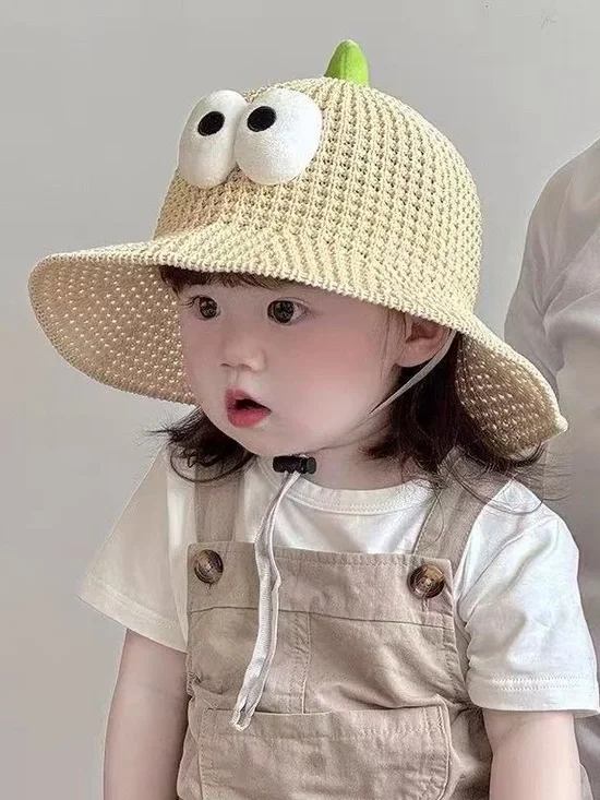 Cute Baby Crochet Sun Hat with Playful Eyes - Cream & Green