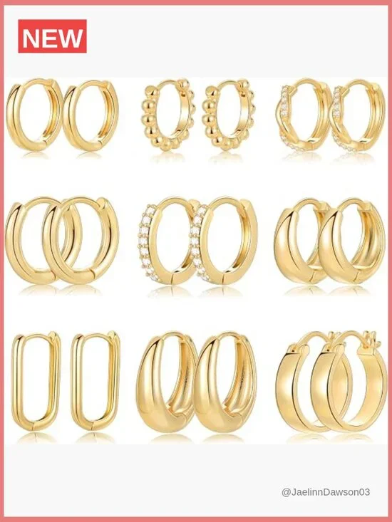 9 Pairs Chunky Hoop Huggie Earrings Set, Gold Plated Hypoallergenic Jewelry Gift
